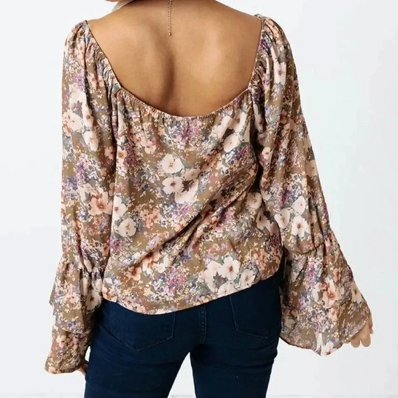 Peach Love Floral Boho Long Bell Sleeve Flowy Blouse Top - Picture 2 of 11